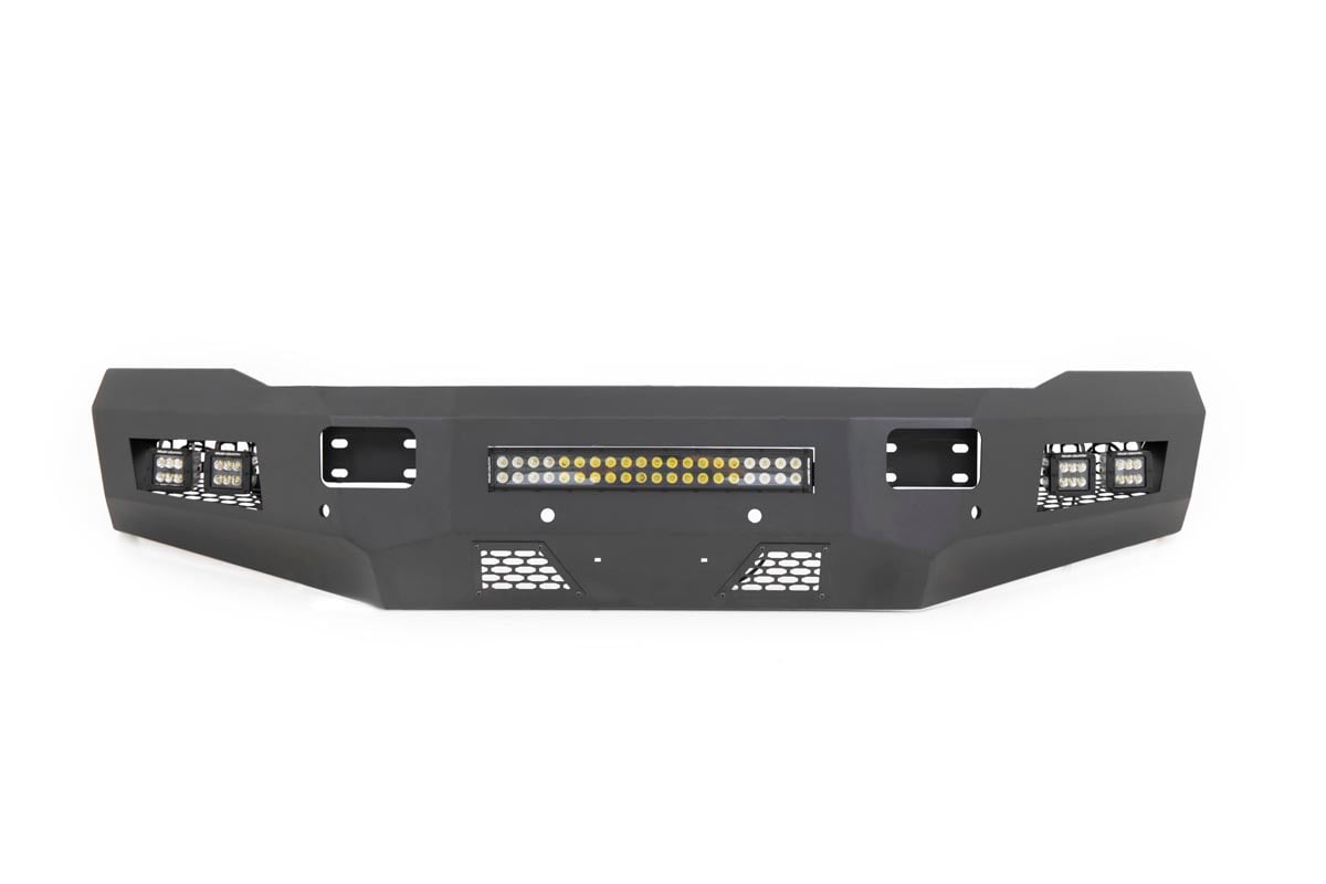 Ram 3500 Front Bumper - Rough Country - LED with 4 LED Cubes and 20in LED Light Bar - Flat Black - '11-'18